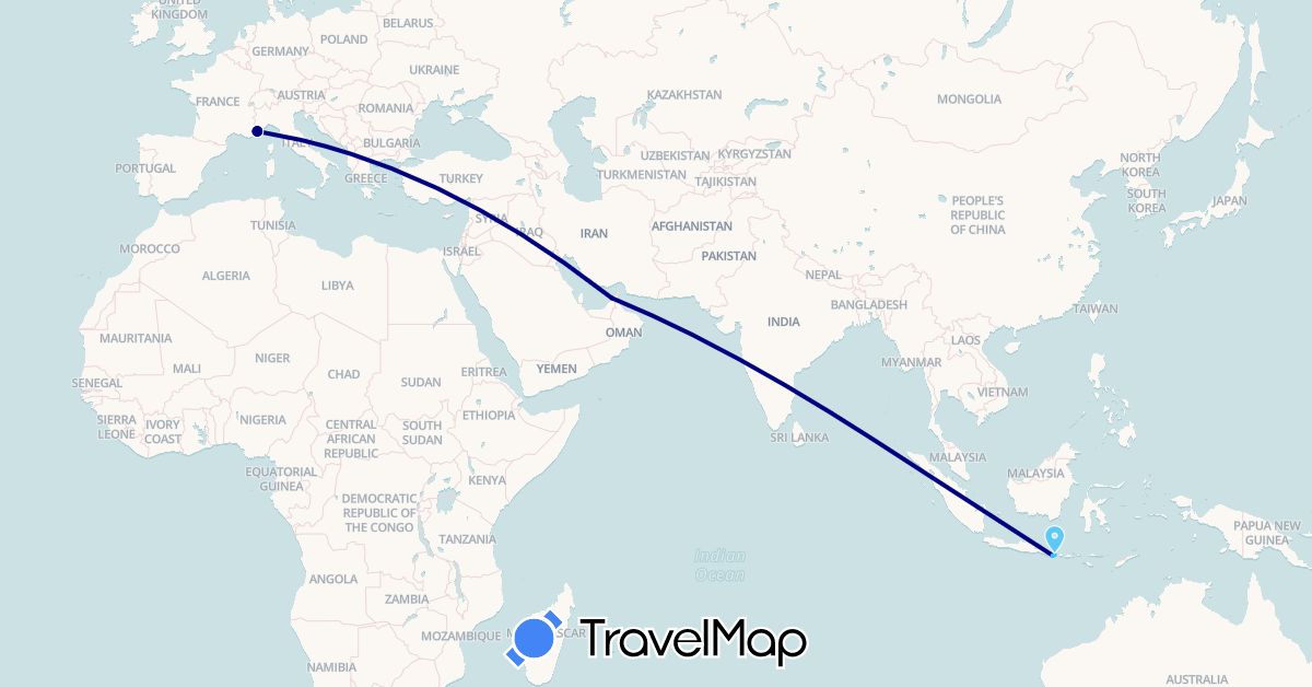 TravelMap itinerary: driving, boat in United Arab Emirates, France, Indonesia (Asia, Europe)